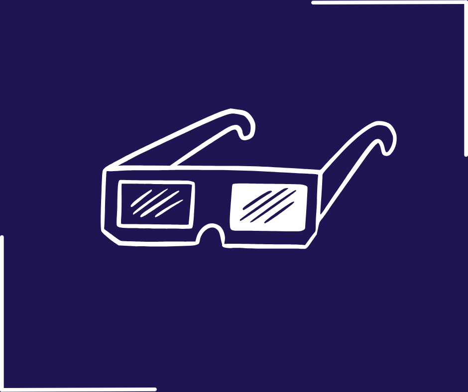 An image of 3D glasses on a deep purple background.