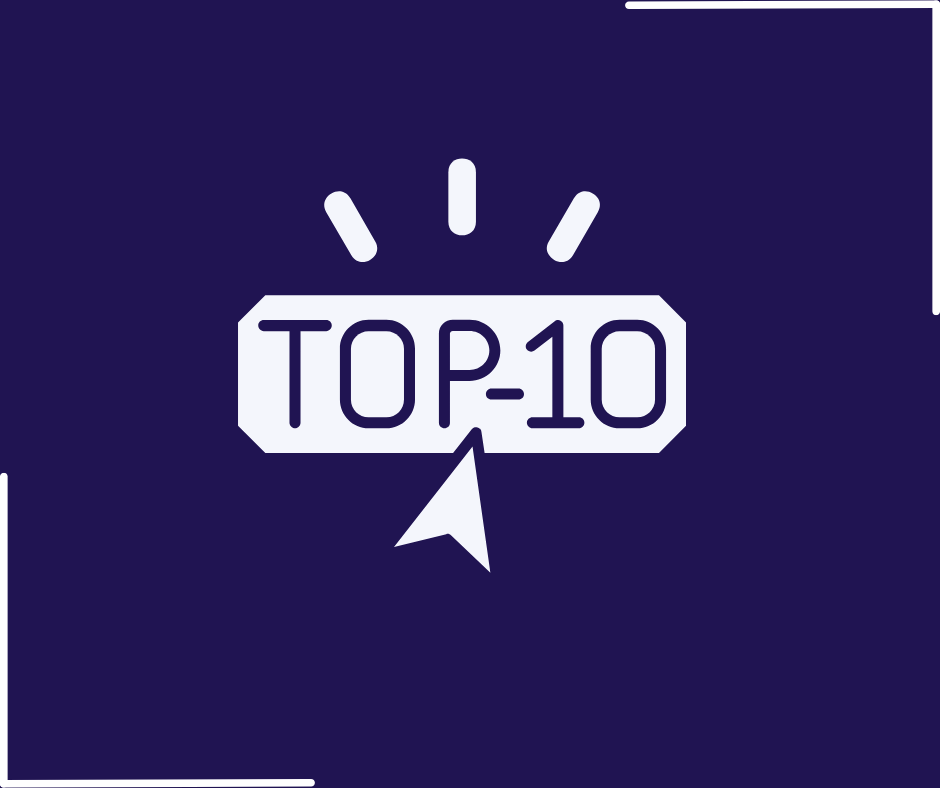 An animation shows "TOP 10" with a mouse pointer hovering over it on a deep purple background. 